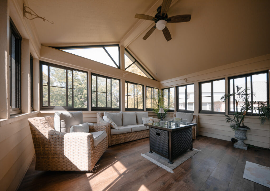 Enclosed porch with a vaulted ceiling and fixed lites in the gable
