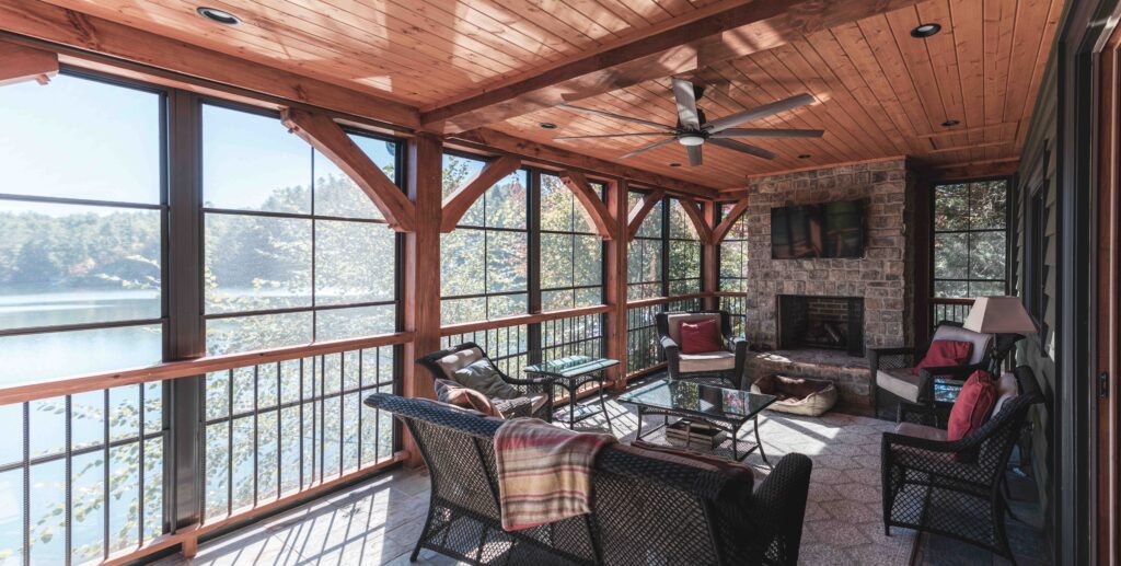 Inside the Georgia lake house, enclosed with Porch Conversions screen and vinyl windows